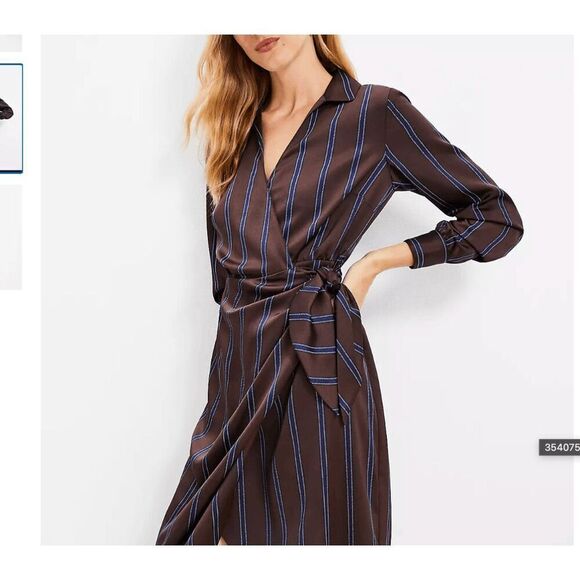LOFT Brown Satin Striped Wrap Midi Dress w/ Waist Tie, Collared, Size M - Picture 5 of 12